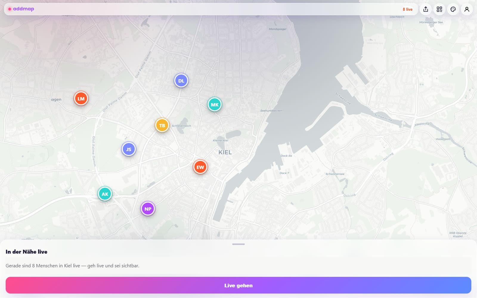 AddMap: Echtzeit-Karte von Kiel, auf der Menschen live gehen