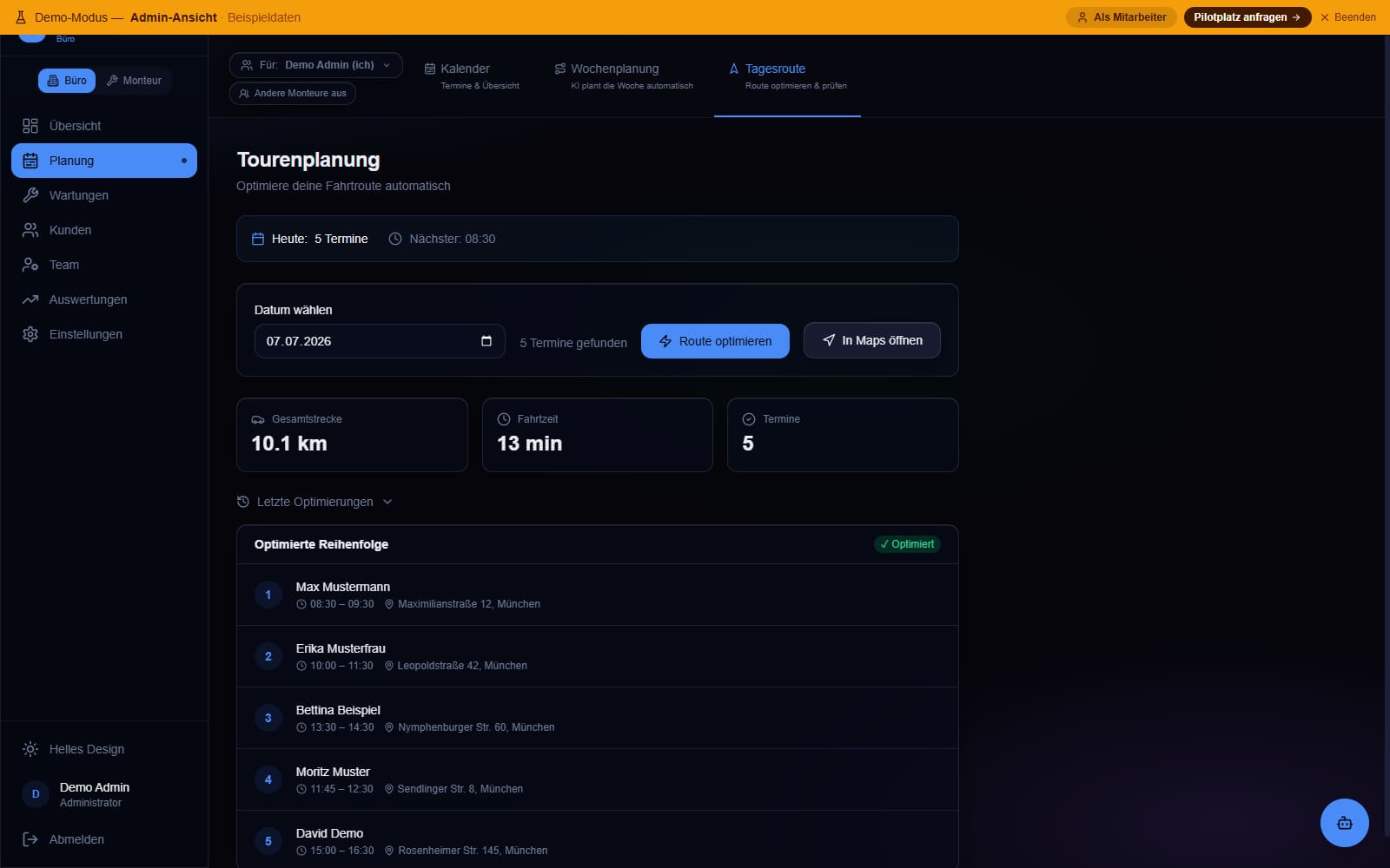 FieldPilot: KI-optimierte Tagesroute mit Gesamtstrecke, Fahrtzeit und geordneten Terminen