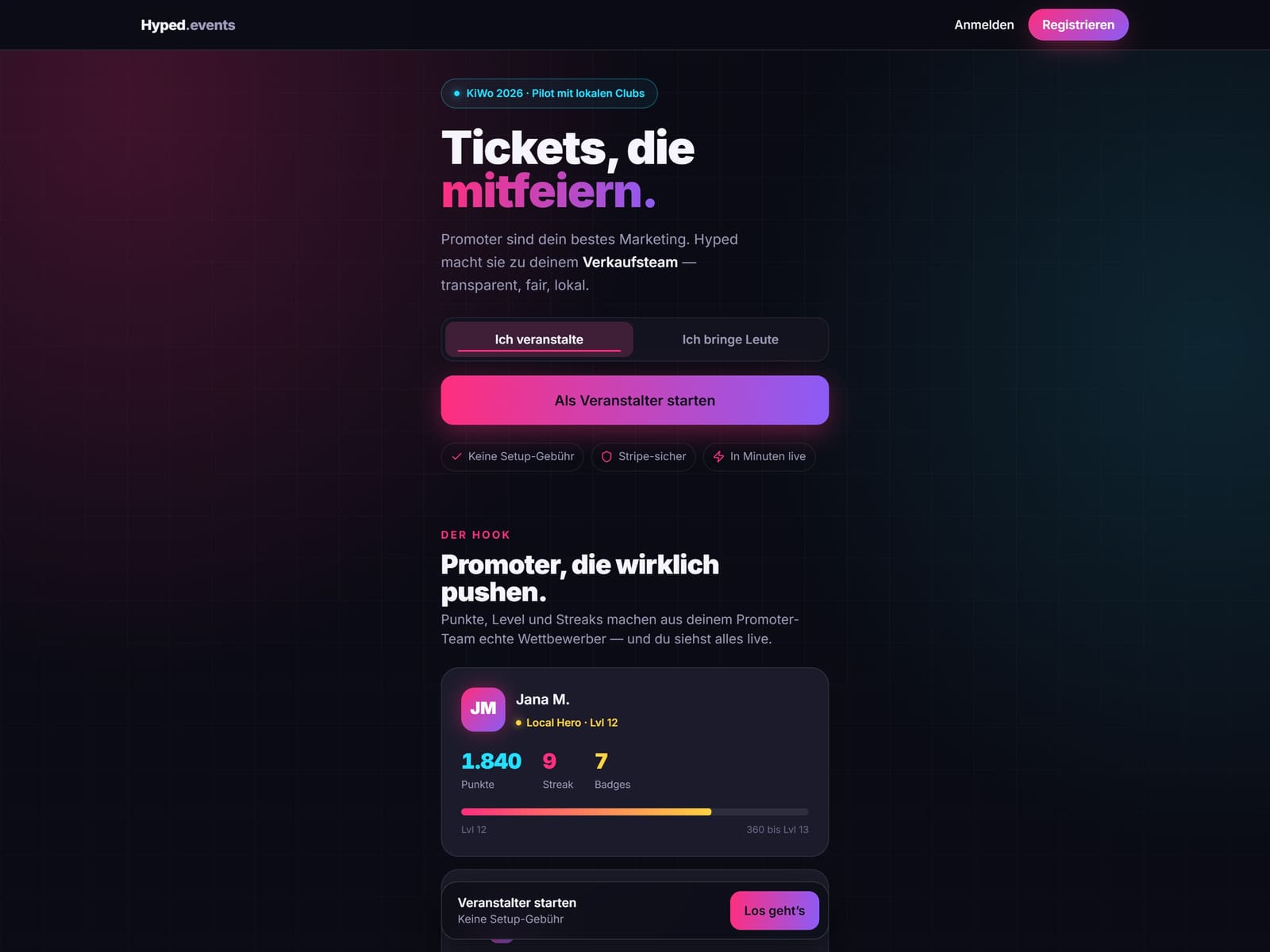 Hyped: gamifiziertes Promoter-Leaderboard mit Punkten, Level und Streaks